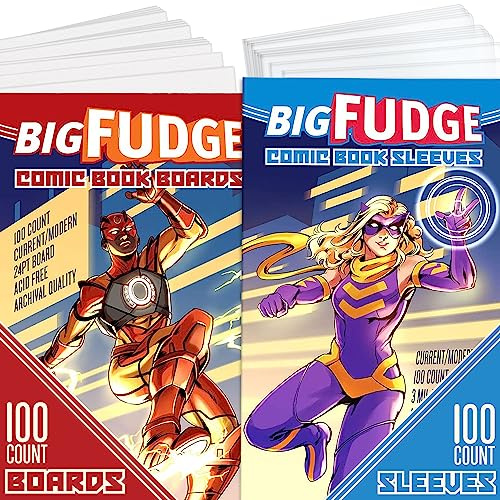 BIG FUDGE 100 Comic Book Bags and 100 Backing Boards - 7.25” x 10.5 Acid Free Crystal Clear Sleeves - 6.87” x 10.5” Backing Boards - for 1990's & Current Comics