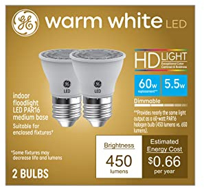 GE Lighting PAR16 Indoor Floodlight LED Light Bulb, 60-Watt Replacement, Warm White (2-Pack)