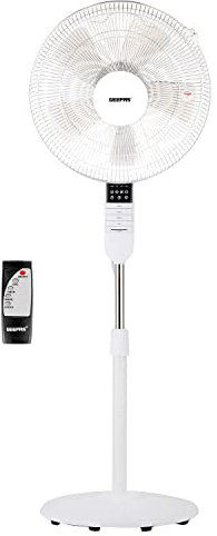 GEEPAS 16’’ Pedestal Fan with Remote Control – 60W Powerful Free-Standing Oscillating Cooling Fan – Height Adjustable, 7.5 Hour Timer - 3-Speed, 5-Blade Air Cooling Floor Fan Home Office (White)