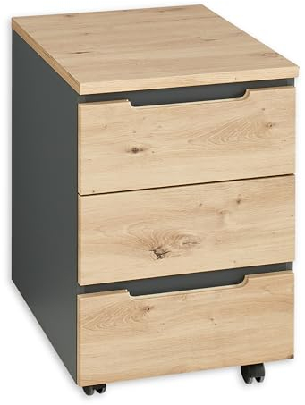 Stella Trading Memphis Rollcontainer Schreibtisch in Artisan Eiche Optik, Graphit - Mobiler Büroschrank mit Schubladen - 45 x 66 x 55 cm (B/H/T)
