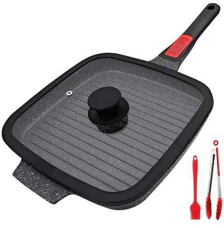 RANX INGST Bistecchiera Antiaderente con Maniglia Rimovibile, Padella Griglia con Coperchio, Pietra 26 x 24 cm Quadrata per Induzione, Alluminio pressofuso - Nero