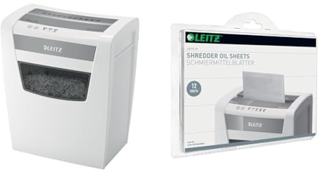 Leitz IQ Set Office S Aktenvernichter, 14-12 Blatt Kapazität (70-80 g/m²), Partikelschnitt, Sicherheitsstufe P4, 23L Abfallbehälter, Besonders leise, weiß, 80990000 + Leitz IQ Ölblätter 80070000