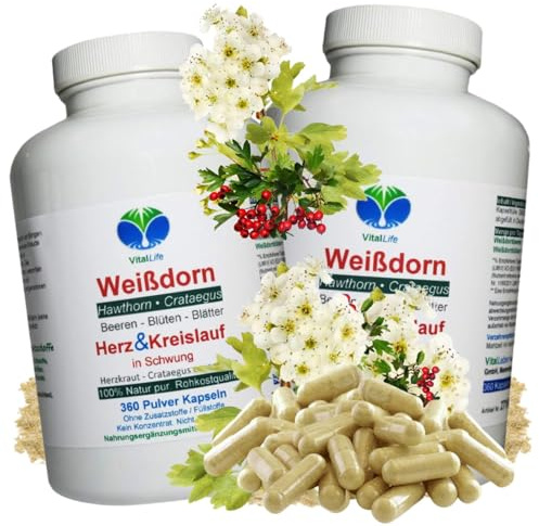 WEISSDORN Weißdorn HERZ-KREISLAUF 360 Kapseln 2x180 HERZKRAUT NATUR pur Weißdornbeeren & Weißdornblätter & Weißdornblüten. OHNE ZUSATZSTOFFE. 27100-4