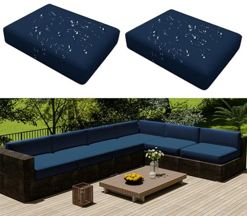 Hiseng Outdoor Sofa Sitzkissenbezug 2er Set Wasserdicht mit Reißverschluss, Terrassenstuhl Sofakissen Bezug Abnehmbar, Wetterfest Sofabezug für Garten Möbel aus Rattan (60x55x10cm,Navy Blau)