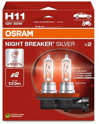 OSRAM NIGHT BREAKER SILVER H11, +100% mehr Helligkeit, Halogen-Scheinwerferlampe, 64211NBS-2HB, 12V Pkw, Hängebox (2 Lampen)