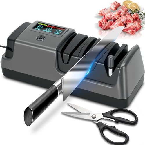 5 in 1 Electric Knife Sharpener with LCD Screen, 3 Rotational Speed Adjustable, 100% Diamond Abrasives, Electric Knife Sharpener for Straight, Serrated, Meat Cleaver, Ceramic Knives & Scissors, Gray