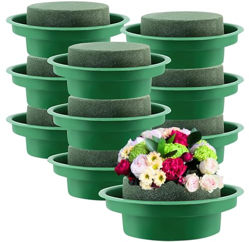 MAKTSAM 10 pezzi in schiuma floreale da 12 cm con ciotole, blocco rotondo in schiuma per fioristi da 12 cm, base rotonda in schiuma verde per fiori bagnati e secchi, con vassoio, per decorazioni di