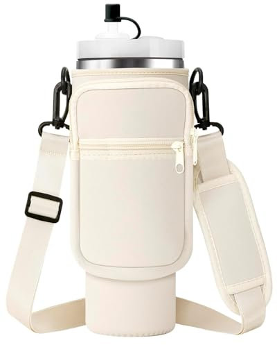 QLEUIFT Tasse pour Stanley Cup Accessoires, Compatible avec 40oz 30oz Thermos Cup, Accessoires Cup Porte, Bouteille d'eau Tote Bag avec Sangle réglable, Blanc cassé