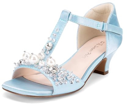 DREAM PAIRS Girls Sandals Ankle Strap T-Strap Low Heel Pearl Bow Flower Pump Dress Wedding Party Shoes for Little Kid/Big Kid,Size 2 Big Kid,Light Blue,KKUMHS2501