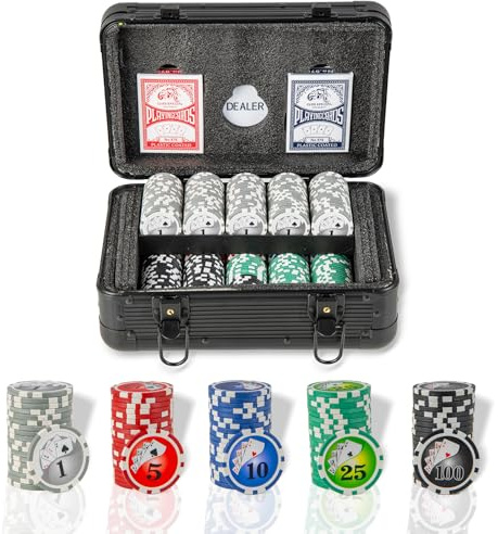 DREAMADE Jeu de Poker, Jetons Casino avec 2 Jeux de Cartes, Jeton de Croupier, Tapis de Table Feutré, Etui en Aluminium et 2 Clés, pour Le Jeu de Blackjack, Texas Hold’em (300 Jetons)