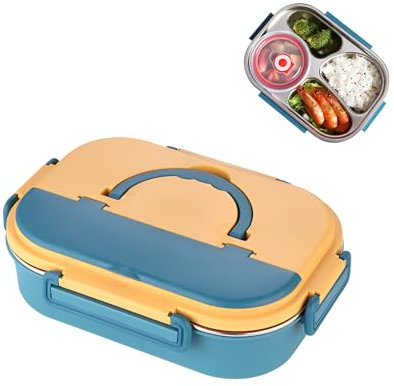 HUANR Fiambreras, 4 Compartimentos Loncheras de Trabajo, 1200 ml Fiambrera Acero Inoxidable, con Tazón para Sopa y Cubiertos, Sello Anti-Escaldaduras, Diseño Desmontable, para Escuela, Oficina