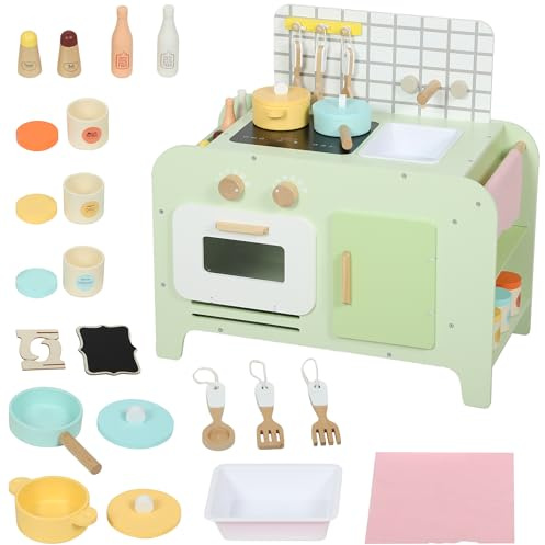 AIYAPLAY Set Cucina Giocattolo in Legno, Cucina per Bambini Età 3+ Anni con 15 Accessori, Microonde, Armadietti e Lavandino, Verde