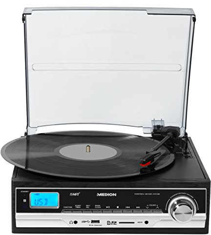 MEDION E69216 (MD 83906) Schallplatten- und Kassettendigitalisierer, MP3-Umwandlung, MP3-Player, Riemenantrieb, 3 Drehgeschwindigkeiten, 2 x 1,5 Watt RMS, schwarz