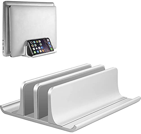 VAYDEER Support Vertical Ordinateur Portable, Support PC Portable, Conception Incurvée aux Deux Extrémités, Peut Placer des Laptop et Phone en Même Temps, Compatible avec Macbook Pro, iPad - Argent