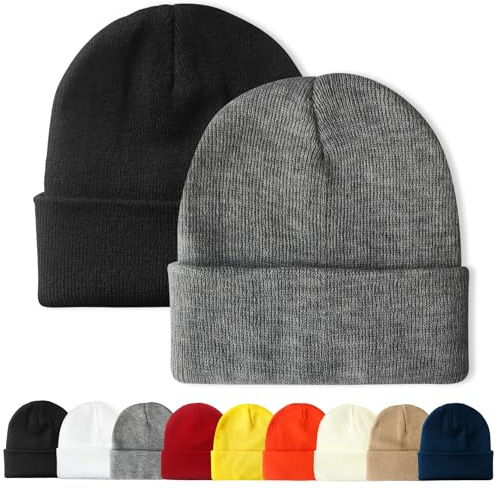 PFFY 2 Packs Unisex Beanie Hats for Men Women Knit Winter Beanies Black+Gray