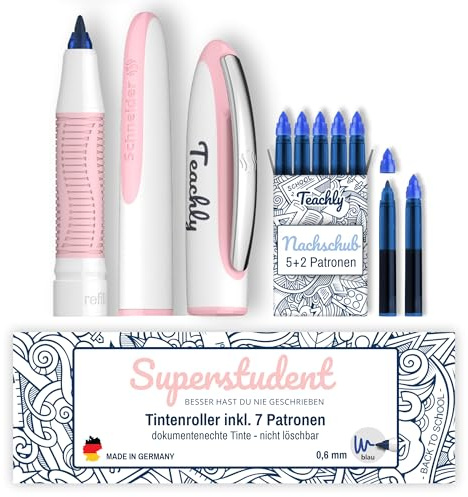 Teachly Superstudent Tintenroller - Nachfüllbarer Stift für Uni, Schule & Büro (Rosé) - Inkl. 7 Tintenpatronen (Blau)