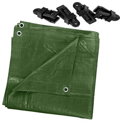 2 x 2 m Tarpaulin Waterproof Heavy Duty Cover Camping Ground Sheet Caravan Furniture Multipurpose + 4 Tarp Clips (Green – 90 GSM)