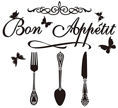 SUPERDANT Cuisine Thème Stickers Muraux Bon Appétit Français Vinyle Sticker Mural Vaisselle Papillon Mur Art Autocollant Mural Salle à Manger Papier Peint Autocollants Décoratifs Cuisine Décoration