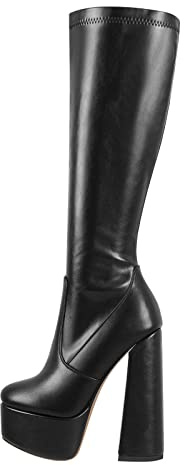 Only maker Bottines à plateforme pour femme Bottines à talon bloc étirable pour femme, PU Noir, 42 EU