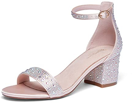GENSHUO Damblockklack hög klack sandaler 6 cm/2,36 tum mocka ankelrem sandaler med låg klack eleganta remsandaler öppna tår hög klack sandaler för fest bal bröllop, Champagne strass, 39 EU