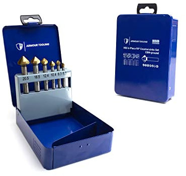 ARMOUR TOOLING - 6 Piece Countersink Drill Bit Set - HSS Titanium CBN Ground - 90 Degrees - 6.3/8.3/10.4/12.4/16.5/20.5mm - For Aluminium Wood Plastic Or Steel - 3 Flute - Chamfering And Deburring