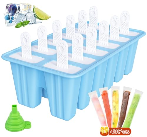 12 Zellen Eisformen Eis Am Stiel Silikon, 40 Popsicle Taschen, Silikon Eisformen mit Stiel Bpa-Frei, Stieleisformen Wiederverwendbare mit Falttrichter, Popsicle Formen Machen Set MEHRWEG