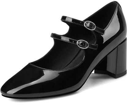 MIRAAZZURRA Scarpe da donna con tacco a blocco, modello Mary Jane Pump, eleganti con cinturino alla caviglia, con punta tonda, con fibbia, Nero , 40 EU