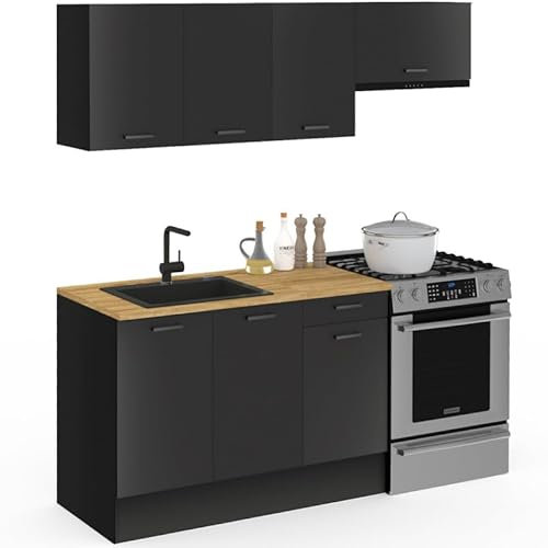 IDMarket - Cocina completa 180 cm sutil con encimera de 5 elementos negro y bandejas de madera