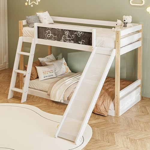 KecDuey Litera de 90 x 200 cm, cama infantil con escaleras y toboganes, cama con valla, somier, cama con tabla para niños, madera maciza respetuosa con el medio ambiente, color blanco
