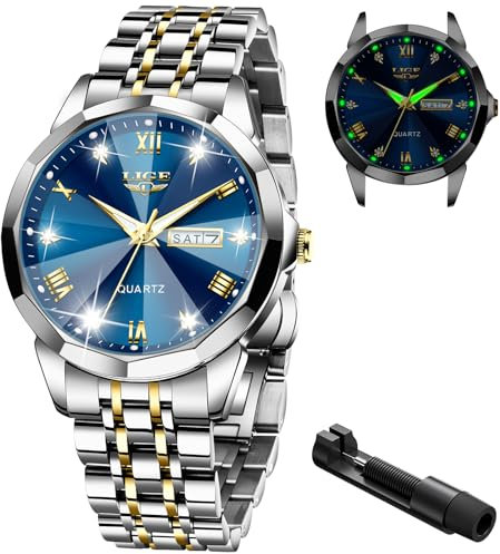 LIGE Uhren Herren,Militär Analog Quarz Diamant Gold, Stylish Luxus Kleid Uhr,30M Wasserdicht Edelstahl Uhr mit Datum Leuchtende,Mode Business-Kleid Klassische Geschenk Designer
