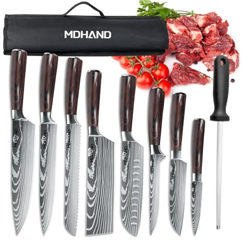 MDHAND Küchenmesser Set, 8-teiliges professionelles Messerset mit Tasche, Extrem Scharf Profi Kochmesser Set mit Ergonomischen Pakkaholz Griffen für Haus und Restaurant