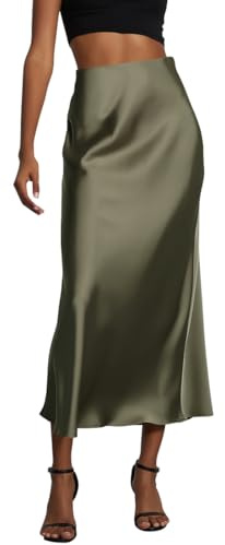 ORANDESIGNE Gonne Raso Donna Lunga Vita Alta Vita Elastica A-Linea Gonna Midi Estate Elegante Gonna Satin per Ospite di Matrimonio Estivo Cocktail Lavoro