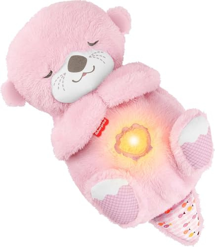 Fisher-Price – Ma Loutre Câlins Bonne Nuit, veilleuse musicale en peluche rose avec mécanisme de respiration et lumières, pour bébés dès la naissance, JLJ33