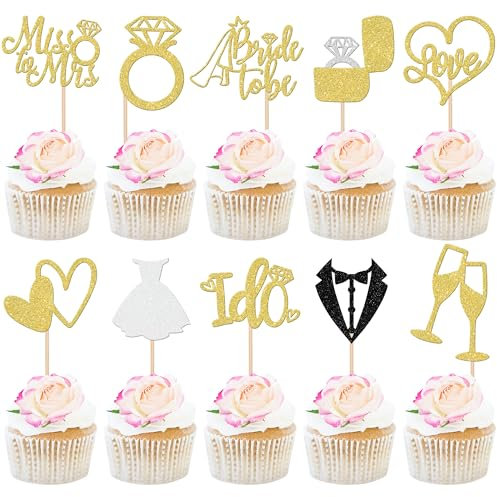 Xsstarmi 30 Pack Bride to Be Cupcake Toppers Glitter Wedding Cupcake Toppers I Do Love Heart Ring Miss to Mrs Cupcake Picks for Bridal Shower Wedding Engagement Party Cake Decorations Gold