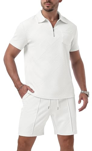 QIXING Mens Shorts and T shirt Sets Polo Colloar Mens Summer 2 Piece Holiday Clothes Co ord Shorts Set with half Zip Tracksuit (White, M)