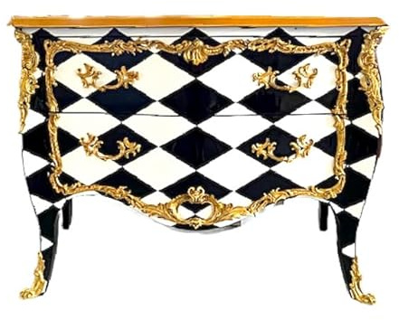 Black and White French Baroque Style Chest of Drawers 120cm Wide Decorated with a Handmade Gold Brass Bedside Table with Diamond Pattern and Two Drawers for Bedroom Decoration.
