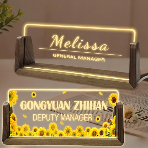 Plaque nominative lumineuse en acrylique personnalisée pour bureau avec lumière LED chaude et base en bois, accessoires de bureau personnalisés pour patron, enseignant, employé