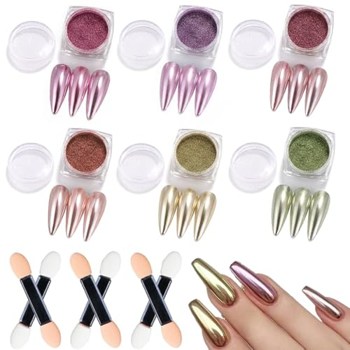 NiceNaiils 6 Colores de Polvo de Espejo para Uñas, Pigmento Cromado Metalizado con 6 Esponjas de Doble Punta, Polvos Brillantes para Uñas de Gel y Nail Art Creativo, Pigmentos para Manicura
