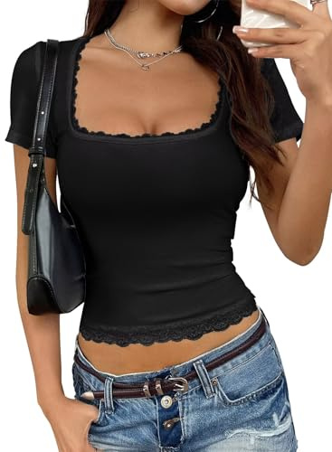 TUUHAW Women Tops Short Sleeve Slim Fitted Square Neck Sexy Elegant Casual | Summer Baby T Shirts, Basic Y2k Crop Top, Colour Blocking, Lightweight Cute Blouse, Low Cut Lace, for Daily Wear and Outings