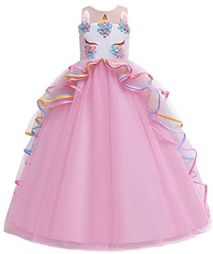 MYRISAM Princesse Fille Licorne Déguisement Robe de Anniversaire Cérémonie Soirée Halloween Carnaval Noël Fête Spectacle Mariage Longue en Tulle Robes Bal Rose 6-7