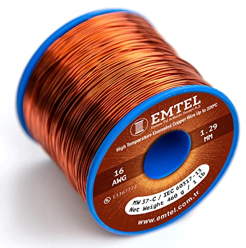 Emtel 1.29 mm (16 AWG) - 500 gr (1 LB) - 42 Meter Emaillierter Kupferdraht - Wärmeklasse 220°C (428°F) - Doppelt isolierter Wickeldraht für Elektromotoren, Transformatoren und Magnetspulen