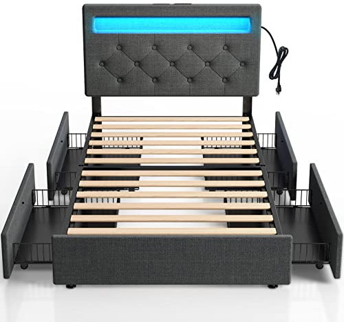 Rolanstar Twin Bed Frame with 4 Storage Drawers and Charging Station,Twin Bed with Led Lights, 2 USB & 1 Type C, Adjustable Headboard 38.9/40.8 Inches, No Box Spring Needed, Dark Gray