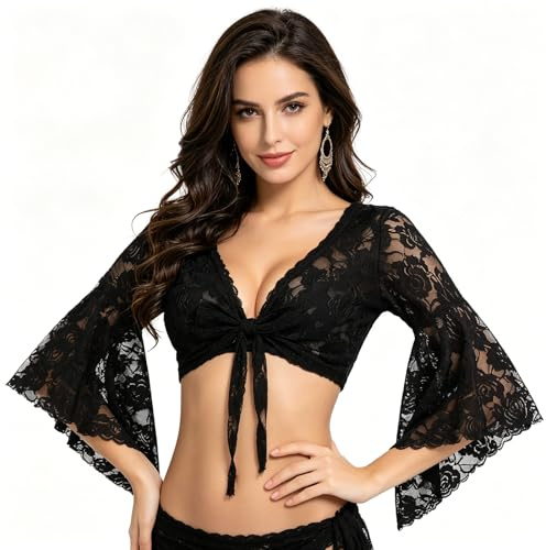 Leemiman Lady's Tribal Belly Dance Costume Lace Floral Long Sleeve Wrap Top Black