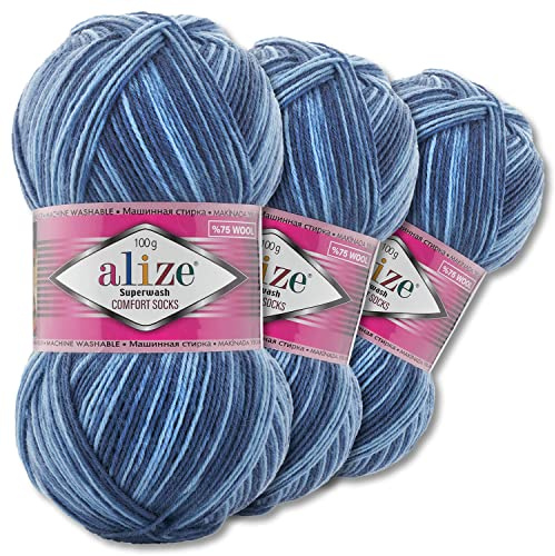 Wohnkult Alize 7677 Superwash Comfort - Ovillo de lana para calcetines, 3 x 100 g, 33 colores a elegir, color uno/multicolor