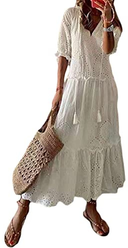 ticticlily Vestidos Mujer Verano Larga Boho Elegante Maxi Vestido Manga Corta y Cuello V Estampado Florales Vestidos Casual Playa Fiesta Vestidos sin Manga del Cordón Talla Grande D Blanco M