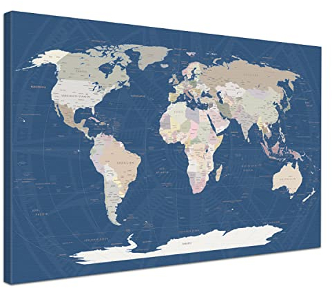 Weltkarte-Pinnwand als Leinwandbild, pinne Deine Reisen und Erinnerungen – World Map Titan - Deutsch - Landkarten-Wandbild in blau, 100 x 70 cm