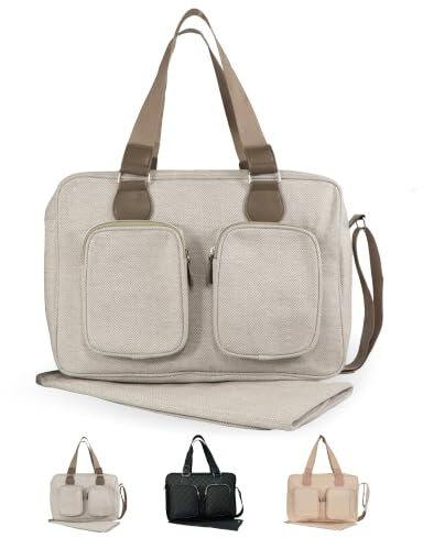 My Babiie Changing Bag Tote - with Portable Changing Mat, Baby Travel Bag, Nappy Messenger Bag, 2 Front Pockets - Oatmeal Herringbone