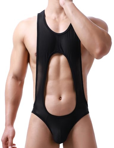WMIERFI Mens Bodysuit Thong G-string Leotard Mesh Wrestling Singlet Jumpsuit Underwear Base Layers