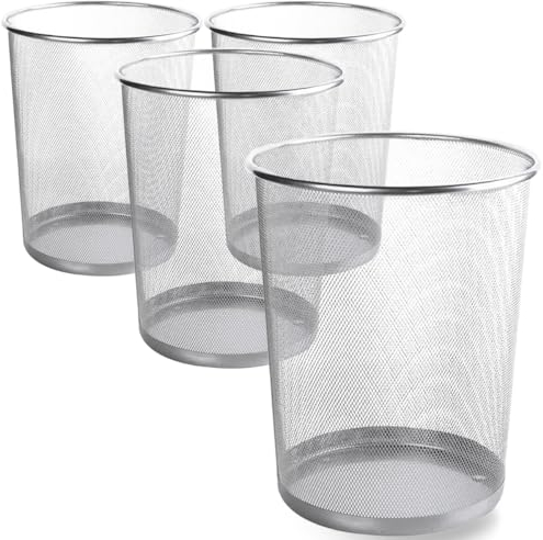 LOSYHU 4 Pack Silver Waste Paper Bins 12 Litres Mesh Office Bin Round Metal Waste Basket Mesh Trash Can Garbage Rubbish Bin for Office Bedroom Bathroom Kitchen