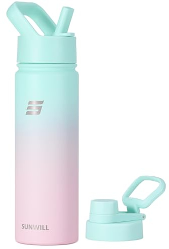 SUNWILL Stainless Steel Water Bottle with Straw, 650ml Insulated Water Bottle Metal, Leakproof Water Flask for Gym & Travel, Gradiant Mint Sakura
